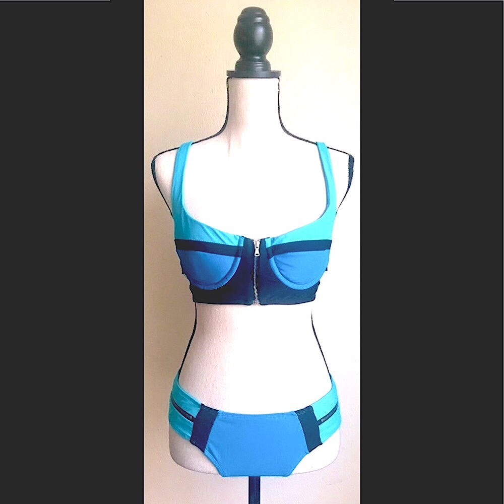 Retro Bikini Swimsuit: Duo-chrome Blues & Black Straps Bikini Swimsuit, Sz. L